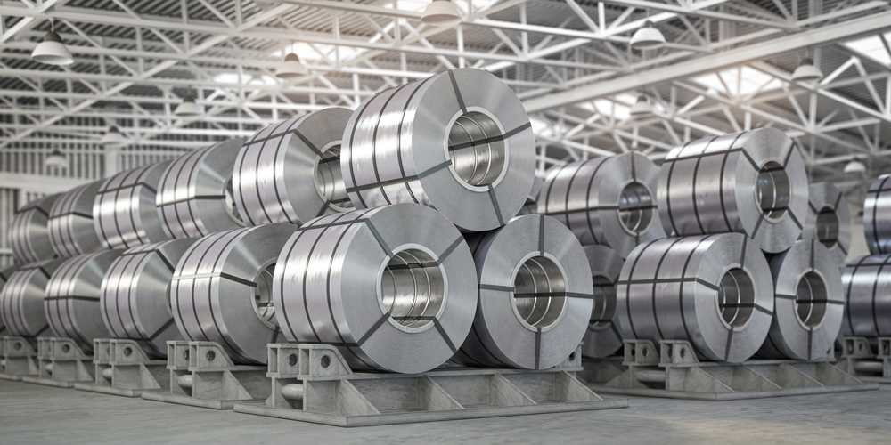 Steel coils stacked at Metzoid Industries warehouse